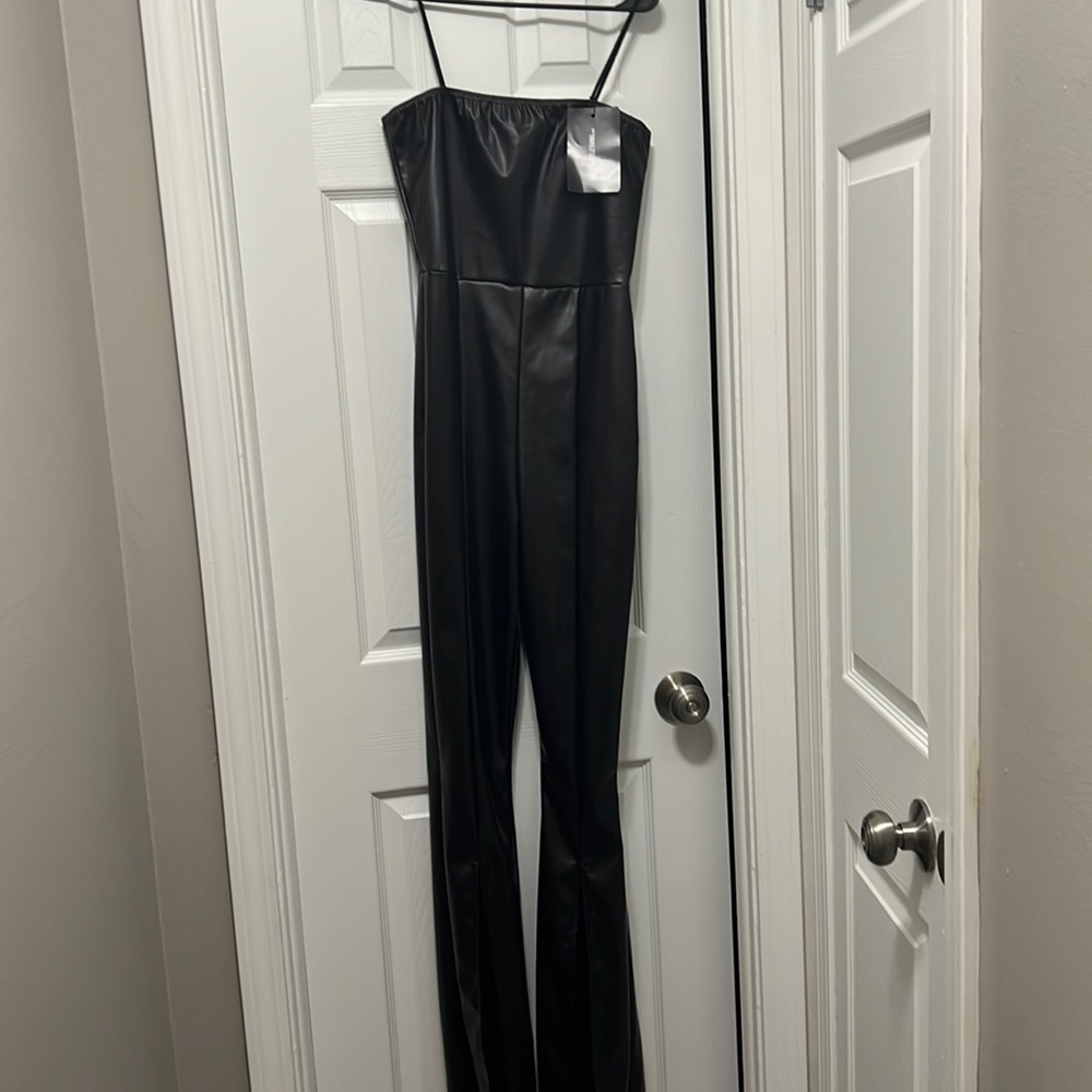 PLT black spilt hem flare jumpsuit